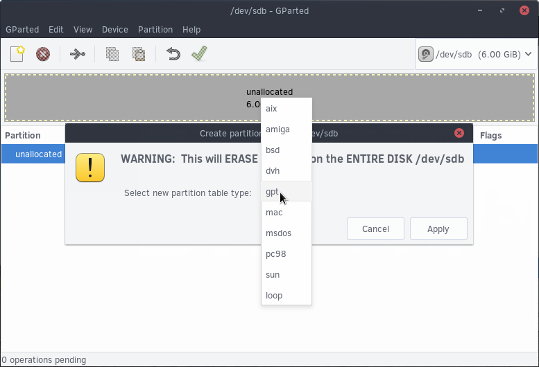 GParted Create Partition Table