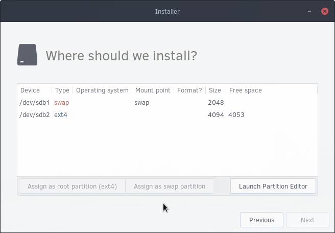 Assigning root and swap partitions